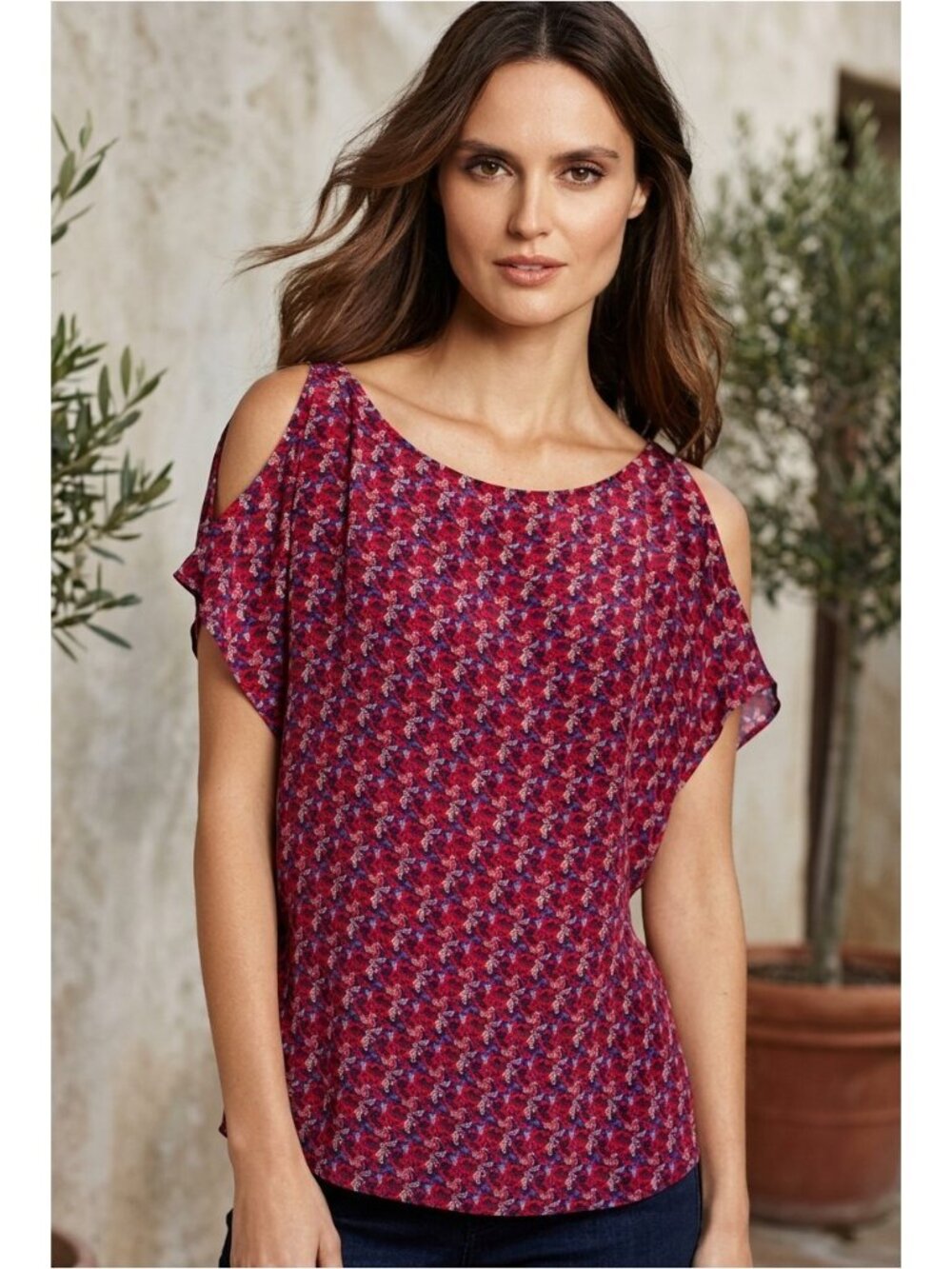 JOIE MEADOW CURRENT 100% SILK ABSTRACT CUTOUT COLD SHOULDER TOP